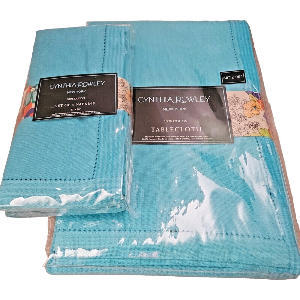 Cynthia Rowley Tablecloth and Napkins Set 60 x 90 Oblong Blue Turquoise New